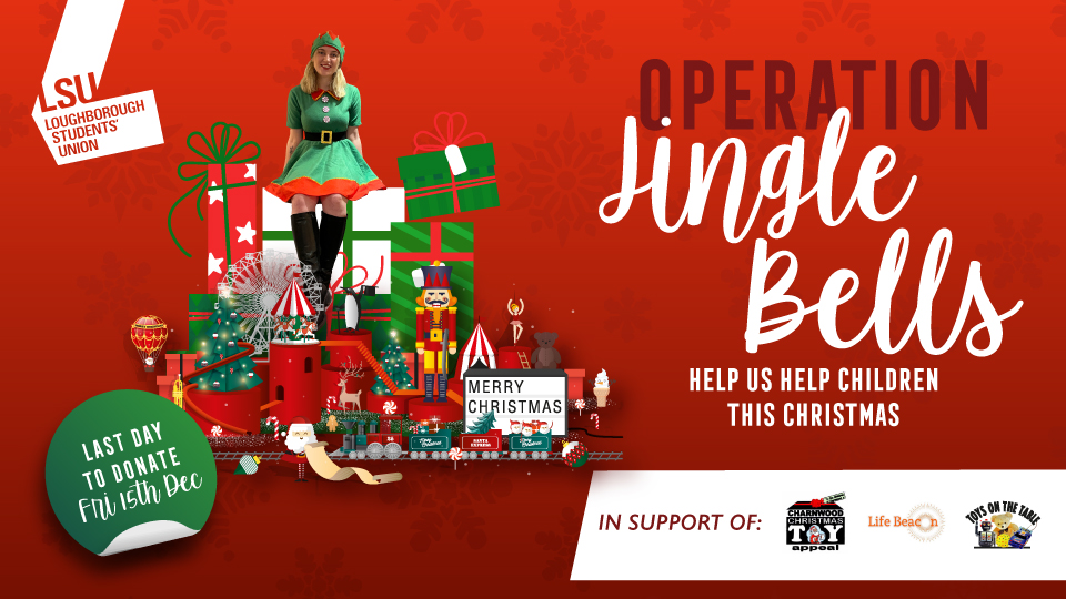 Operation Jingle Bells graphic with an elf sitting on a pile of presents